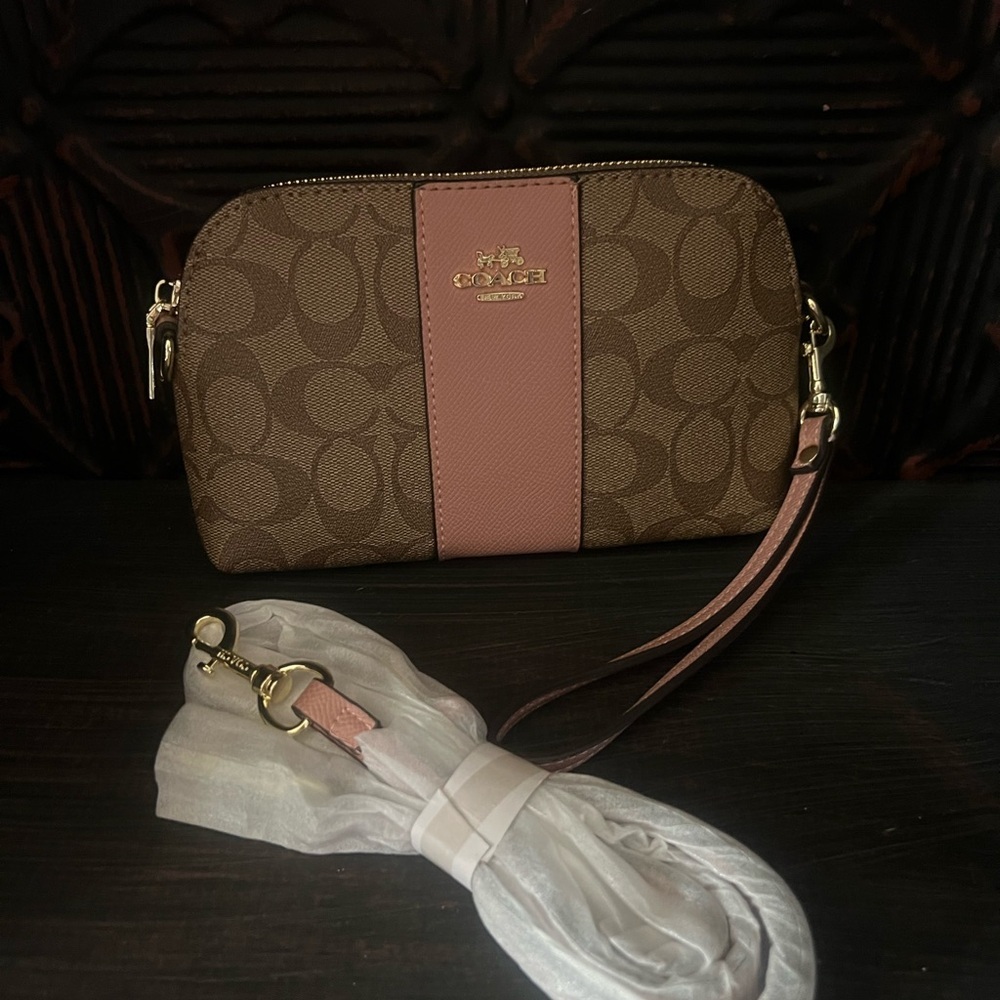 Coach Signature Canvas Wristlet in Pink and Brown with Long Strap - Picture 8 of 11